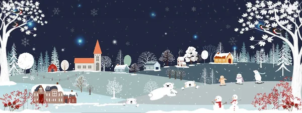 Kış manzarası, Noel 'i kutlayan ve gece köyde yeni yılı kutlayan yıldız ve mavi gökyüzü, kırsal alanda yatay bayrağın taşıyıcısı mutlu kutup ayısı parkta oynayan 