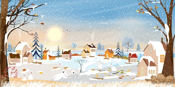 Kış manzarası, Noel 'i kutlayan ve gece köyde yeni yılı kutlayan yıldız ve mavi gökyüzü, kırsal alanda yatay bayrağın taşıyıcısı mutlu kutup ayısı parkta oynayan 