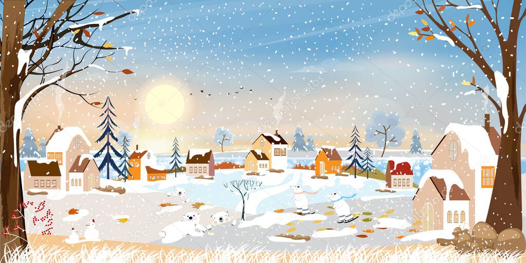 Winter landscape, Celebrating Christmas and new year in village at night with star and blue sky, Vector of horizontal banner winter wonderland in countryside with happy polar bear playing in the park 