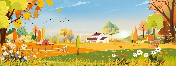 Vector Autumn panorama landscape farm field with orange sky, Beautiful sunset in mid Autumn countryside panorama view with yellowed orange foliage,Fall season with copy space for banner background