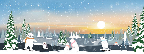 Vector winter landscape with mountain landscape of misty pine trees forest in the morning, Peaceful panorama natural with happy family polar bear and cubs relaxing in evening