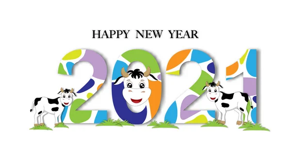 2021 Happy New Year Font Cow Skin Pattern White Background — Stock Vector