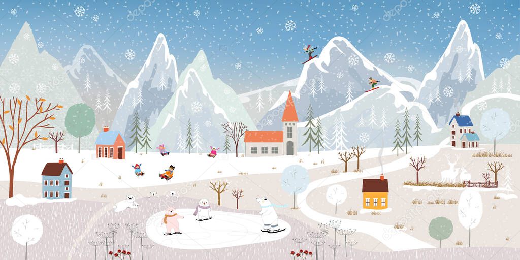 Winter landscape,Vector winter wonderland banner at village with polar bear playing ice skates,Happy kids sledding in the park and couple skiing on the mountain, Merry Christmas background