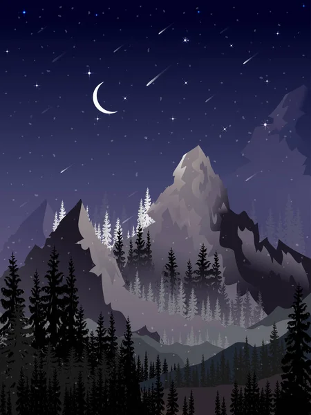 Paisagem Inverno Vertical Noite Estrelada Com Pinheiros Floresta Lua Crescente — Vetor de Stock
