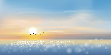 Turuncu, sarı ve pembe gökyüzü çizgisi ve uçan kuşlarla dramatik günbatımı, Vector illüstrasyonu yaz tatili için deniz kenarının güzel doğası