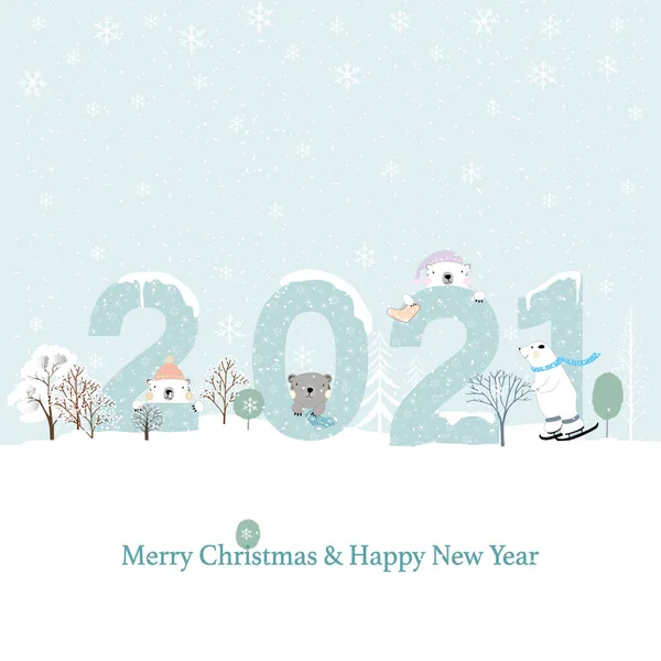 ハッピーニューイヤー2021 白クマと松の木の森と青のパステル上のメリークリスマス かわいいフラット漫画のデザイン ベクトル新年やクリスマスグリーティングカードと招待カードのためのイラスト — ストックベクタ