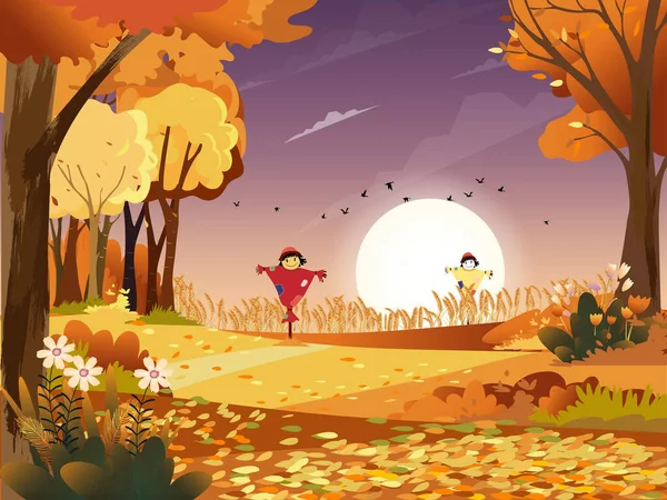 Herfst Landschap Wonderland Fores Midden Herfst Natuurlijk Oranje Gebladerte Met — Stockvector