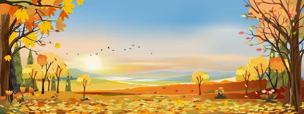 Jesienne Krajobrazy Wsi Zachodem Słońca Błękitnym Różowym Niebem Panorama Połowy — Wektor stockowy
