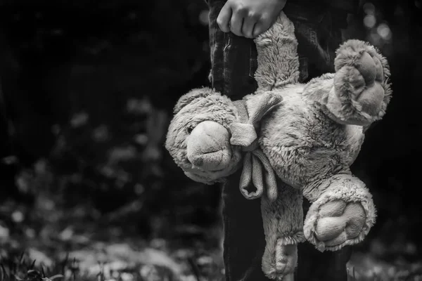 Fekete Fehér Fotó Kid Holding Teddy Ébred Egyedül Erdőben Hátsó — Stock Fotó