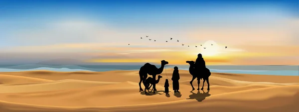 Illustration Vectorielle Famille Arabe Avec Chameau Marchant Dans Sable Désert — Image vectorielle