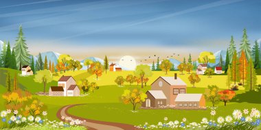 Güneşli bir günde, tepelerde mavi gökyüzü olan çayırlar, yeşil tarlaların panoramik kırsalları, çiftlik evleri, dağlar ve çim çiçekleri, Vector Summer veya Spring doğa