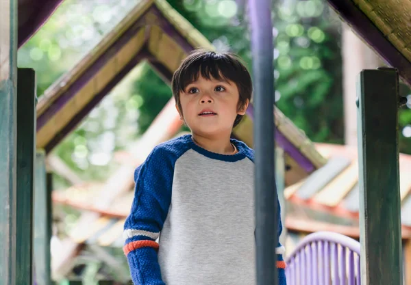 Happy Kid Standing Tree House Playground Aktivní Dítě Sobě Jumper — Stock fotografie