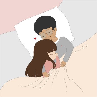 Kawaii Sevgililer Günü. Sevgili aşıklar kız ve erkek yatakta birlikte yatarlar. Tatlı ve şirin bir kedi yavrusu. Birbirine aşık bir çift yatakta uyuyor. Vektör illüstrasyon Romantik Tebrik Kartı.