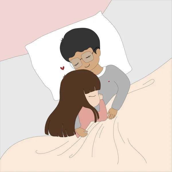 Kawaii情人节 可爱的情人女孩和男孩躺在床上 甜蜜可爱的卡通一对恋人在床上睡觉 矢量图解浪漫贺卡 — 图库矢量图片