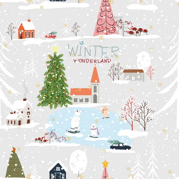 마법없는 크리스마스 자동차 스케이트를 북극곰 크리스마스 크리스마스 이브에 마을의 디자인 — 스톡 벡터