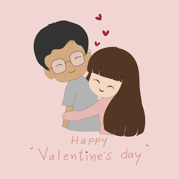 Kawaii Saint Valentin Lovely Amoureux Fille Garçon Debout Avec Visage — Image vectorielle