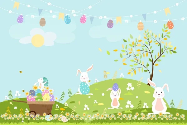 Spring Field Bunny Hunting Easter Eggs Vector Cute Cartoon Rabbits — Stock Vector