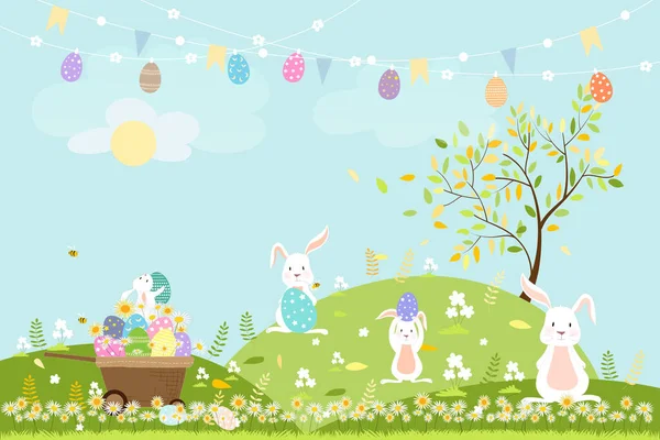 Spring Field Dengan Kelinci Berburu Telur Paskah Vector Cute Kartun - Stok Vektor