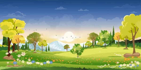 İlkbahar manzarası, yeşil çayır, mavi gökyüzü, Vector Yazı ya da Bahar manzarası, çim tarlası ve kır çiçekleriyle panoramik köy, doğal tatil arka planı