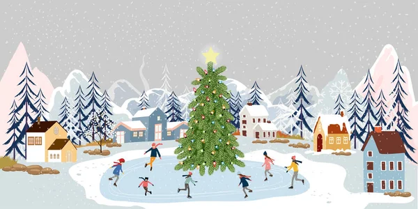 Geceleri kış manzarası, yeni yılda açık havada eğlenen insanlar, Noel tatilinde Vector şehri manzarası kutlanan insanlar, buz pateni oynayan çocuklar, kayak yapan gençler.