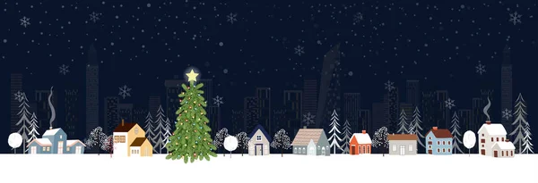 Noel arifesinde kar yağarken şehirde kış manzarası. Kasabadaki vektör illüstrasyon çizgi filmi Kış Harikalar Diyarı Mutlu Yıllar ya da Mutlu Noeller kartı, broşürü ve afişi
