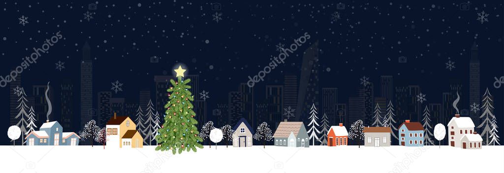 Winter landscape in city at night with snow falling on Christmas eve. vector illustration cartoon Winter wonderland in the town for Happy New year or Merry Christmas greeting card, flyer and banner