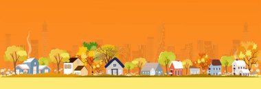 Fotokopi alanı olan sonbahar manzarası, vektör illüstrasyon manzara karikatürü turuncu yapraklı şehirde sonbahar sezonu, minimalist tarzda barışçıl panoramik, şehirde doğal. 