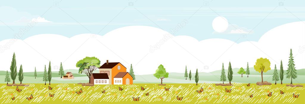 Spring landscape in village with copy space, Vector illustration Flat design rural landscape in country with farm house, Village scene country panorama view on sunny Summer