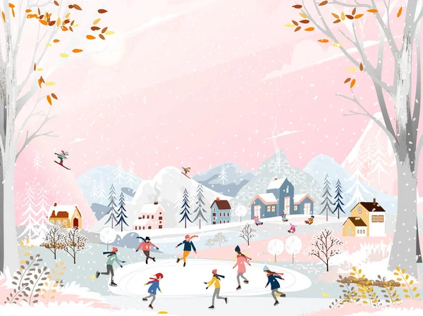 Geceleri kış manzarası, yeni yılda açık havada eğlenen insanlar, Noel tatilinde Vector şehri manzarası kutlanan insanlar, buz pateni oynayan çocuklar, kayak yapan gençler.