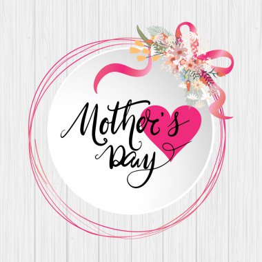 Tahta duvarında güzel bir buket bahar çiçeği olan Anneler Günü tebrik kartı, Vector illüstrasyon Güzel tasarım çelengi baskı, dekorasyon, davetiye arka planı için uygun