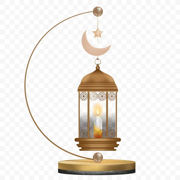 Islamitische Lantaarn Met Kaars Geïsoleerd Goud Vintage Lichtgevende Lantaarn Arabische — Stockvector