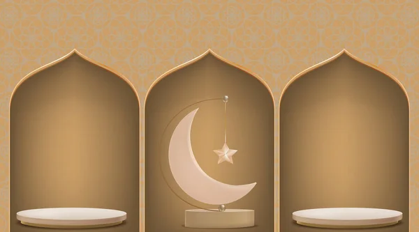 Eid Adha Mubarak Üdvözlő Design Félhold Csillag Lóg Dobogón Bézs — Stock Vector