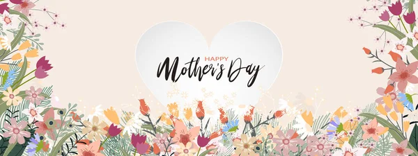 Boldog Anyák Napját Banner Szív Alakú Multicolour Tavaszi Virágok Határ — Stock Vector