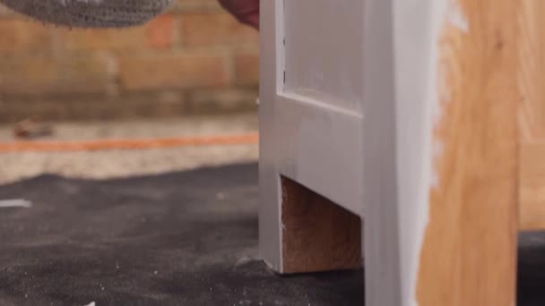 Young Woman Painting Oak Cabinet Grey Chalk Paint Close — Stock Video