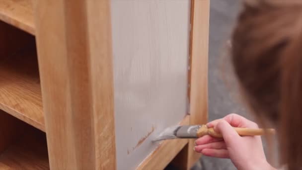 Una Giovane Donna Che Dipinge Armadio Quercia Vernice Gesso Grigio — Video Stock