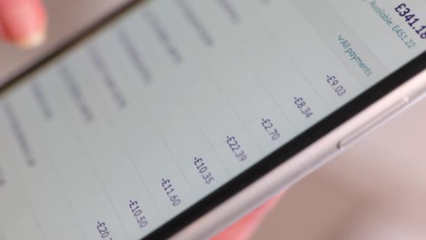 Scrolling Online Bank Transactions Smartphone — Stock Video