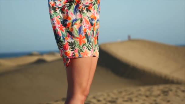 Mulheres se vestem soprando no vento em câmera lenta durante o pôr do sol em uma praia — Vídeo de Stock