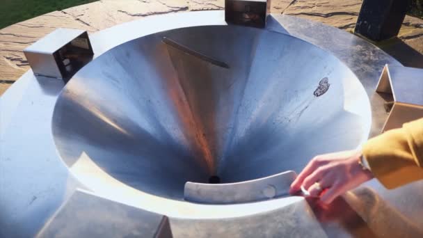 Woman Making Wish Dropping Coin Steel Cylindrical Wishing Well Watching — Stock Video
