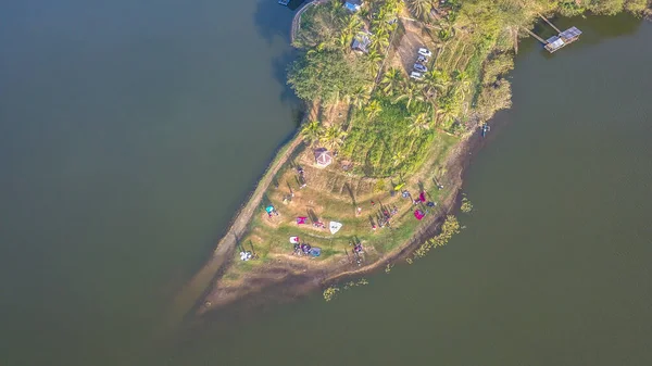 Flygfoto Läger Kanten Sermo Reservoar Den Torra Säsongen Morgonen — Stockfoto