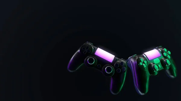 Console sem fio gamepad conceito ilustração 3d. Neon violeta e verde — Fotografia de Stock