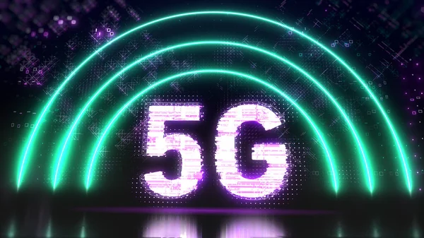 Сотовая сеть 5G и символ концепции интернета. Неоновый глюк — стоковое фото