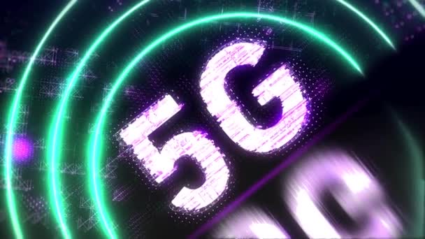 5G mobiel netwerk en internet concept symbool. Neon glitch teken. 4k animatie — Stockvideo