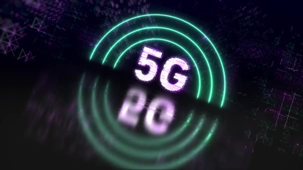 5G мобільна мережа та символ концепції Інтернету. Неоновий глюк. 4k анімація — стокове відео
