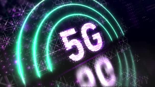 5G mobilnät och internet koncept symbol. Neon glitch-skylt. 4k animation — Stockvideo
