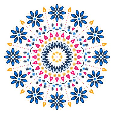 Yaz çiçekleri yaprakları, noktaları, çizgileri ve kalpleri olan güzel mandalalar. Renk halk illüstrasyonu