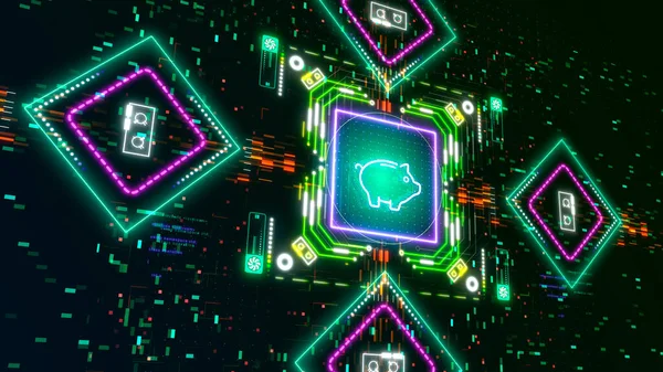 Cyber neon háttér. Blokkolólánc és kriptovaluta koncepció animáció. Hurok — Stock Fotó