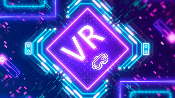 Logotipo de símbolo de juego VR. Brillante fondo de neón estilo cibernético. Realidad virtual — Foto de Stock