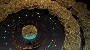Dijital arkaplanda Bitcoin kripto para birimi sembolü. Finans ve meşguliyet