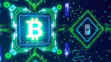 Bitcoin dijital sembolü yakın plan. Soyut yüksek teknoloji finans teması 3D görüntüleyici