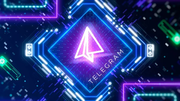 Telegram podpis 3d ilustracji. Cyfrowy papier płaszczyzna blask neon symbol — Zdjęcie stockowe